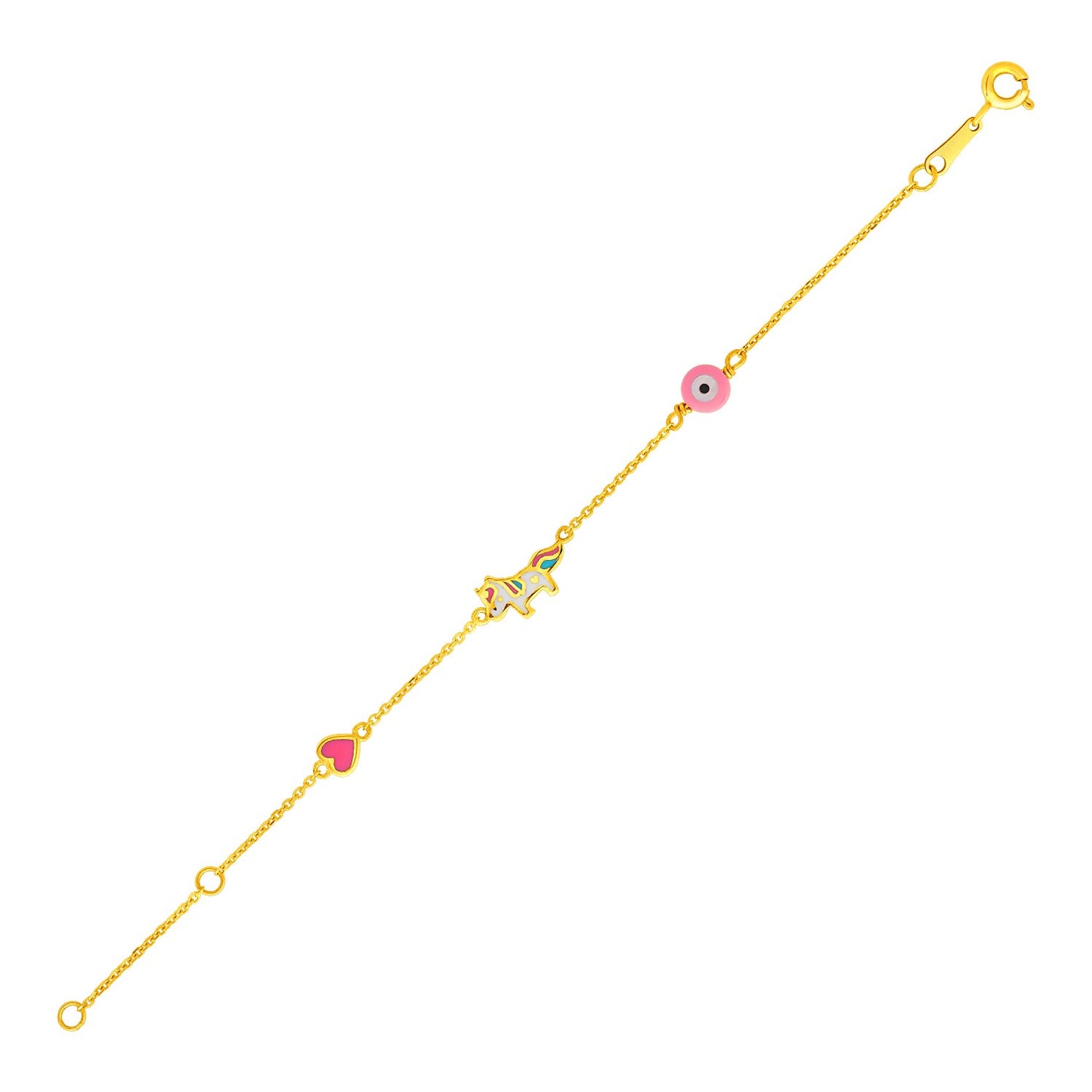 Gold Children's Bracelet w/Enameled Heart Unicorn & Circle