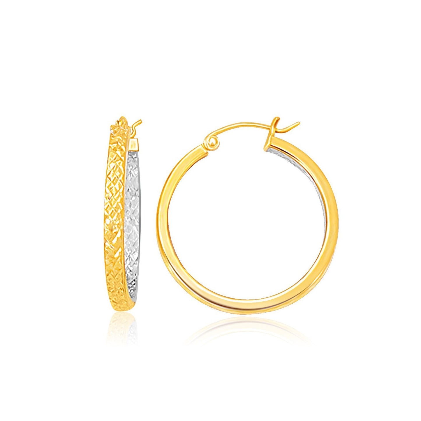 Two-Tone Yellow & White Gold Petite Patterned Hoop Earrings(3x25mm)