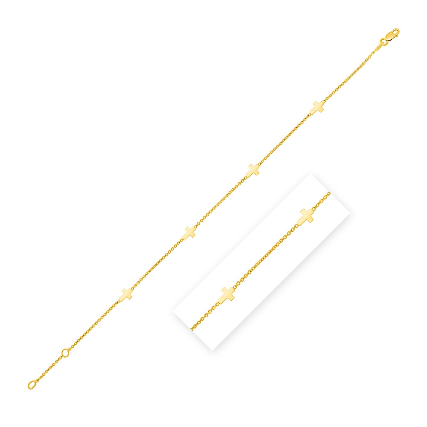 14k Gold Polished Station Cross Anklet (1.00 mm)
