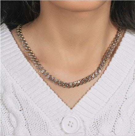 14k Gold White Pave High Polish Modern Lite Miami Cuban Chain 8.00 mm