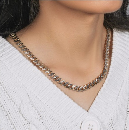 14k Gold White Pave High Polish Modern Lite Miami Cuban Chain 8.00 mm