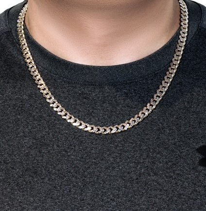 14k Gold White Pave High Polish Modern Lite Miami Cuban Chain 8.00 mm