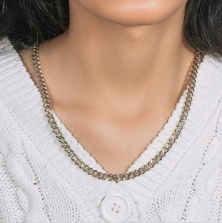 14k Gold White Pave High Polish Modern Lite Miami Cuban Chain 6.50 mm