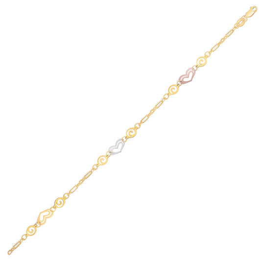 14k Tri-Color Gold Anklet w/Multi Color Heart Stations