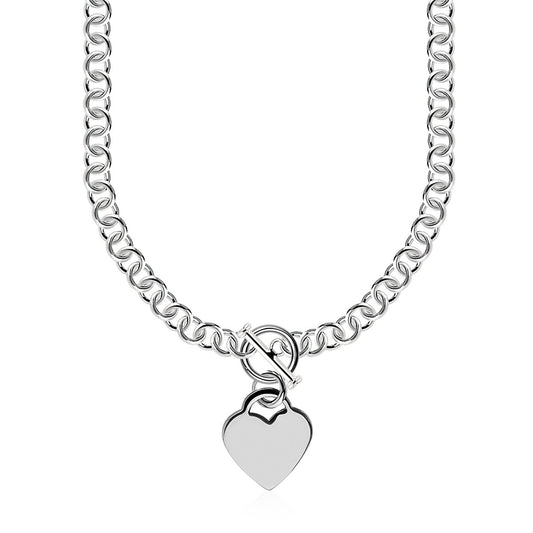Sterling Silver Rolo Chain w/Heart Toggle Charm & Rhodium Plating