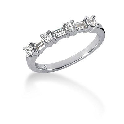 14k White Gold 7 Diamond Wedding Ring Band w/Round & Baguette Diamonds
