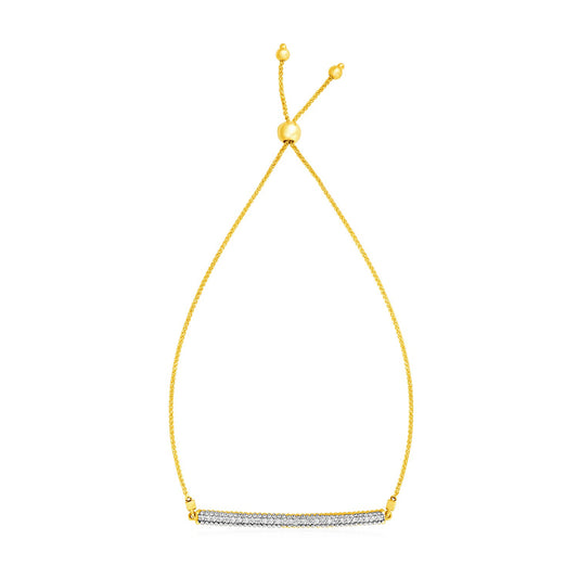 14k Gold Adjustable Bracelet w/Textured Bar & Diamonds