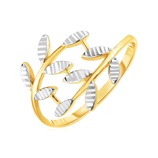 14k Two Tone Gold Crossover Ring w/Textured Leaves (1.50 mm)