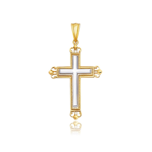 14k Two-Tone Gold Cross Pendant w/Ornate Budded Style