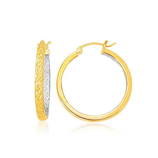 Two-Tone Yellow & White Gold Medium Patterned Hoop Earrings(3x30mm)
