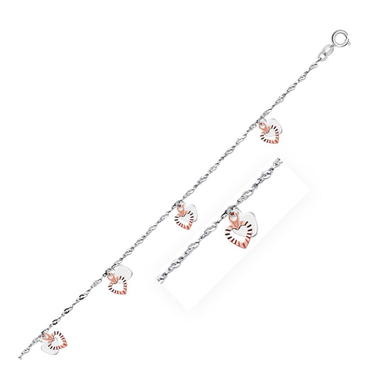 14k White & Rose Gold Anklet w/Dual Heart Charms
