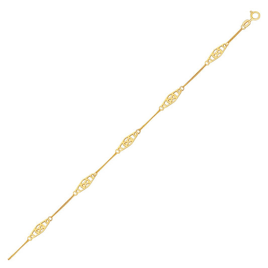 14k Gold Anklet w/Fancy Diamond Shape Filigree Stations