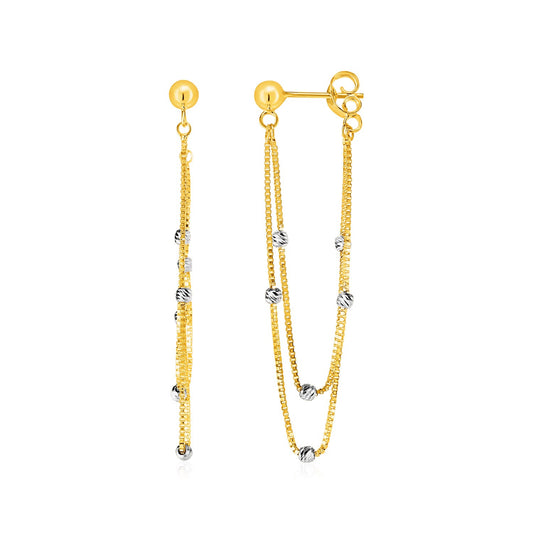 14k Two Tone Gold Hanging Chain Post Earrings w/Bead Accents