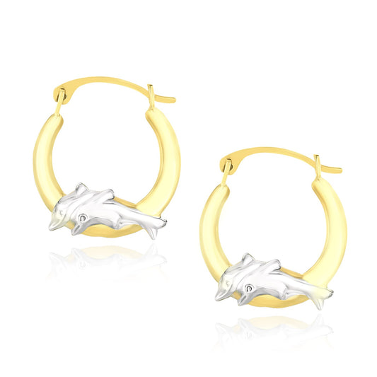 Two-Tone Gold Round Graduated Dolphin Design Hoop Earrings