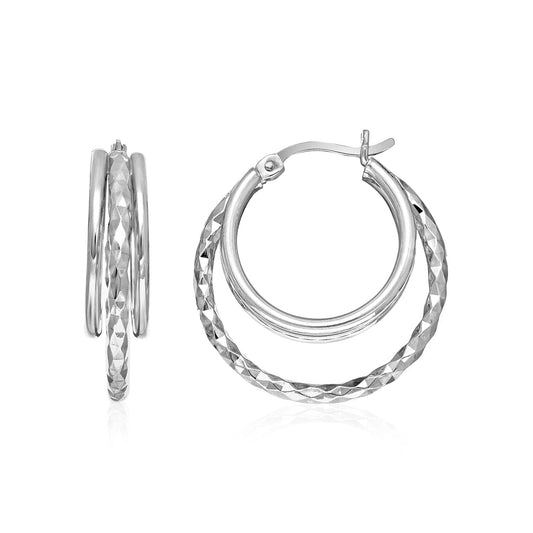 Two-Part Graduated Polished & Textured Hoop Earrings in Sterling Silver