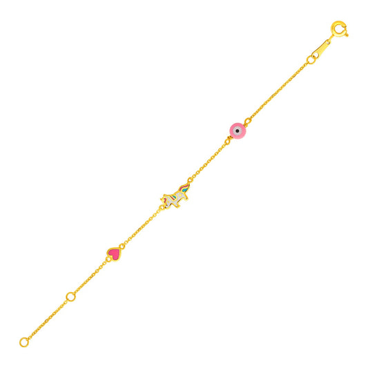 Gold Children's Bracelet w/Enameled Heart Unicorn & Circle