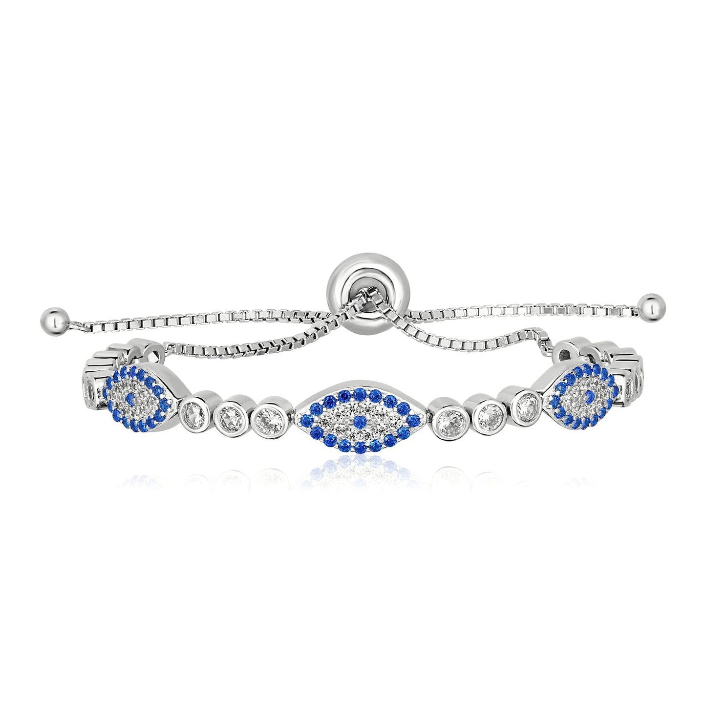 Sterling Silver Adjustable Enameled Evil Eye Bracelet w/Cubic Zirconia's (6.50 mm)