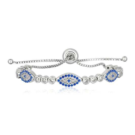 Sterling Silver Adjustable Enameled Evil Eye Bracelet w/Cubic Zirconia's (6.50 mm)