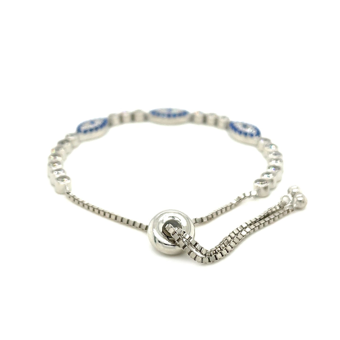 Sterling Silver Adjustable Enameled Evil Eye Bracelet w/Cubic Zirconia's (6.50 mm)