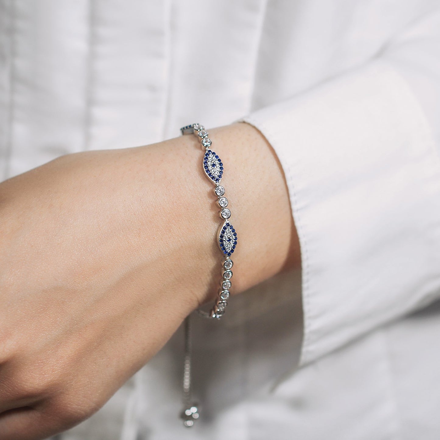 Sterling Silver Adjustable Enameled Evil Eye Bracelet w/Cubic Zirconia's (6.50 mm)