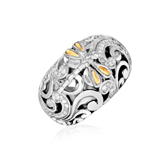 18k Gold & Sterling Silver Dragonfly Ring w/Diamonds (0.34 cttw)