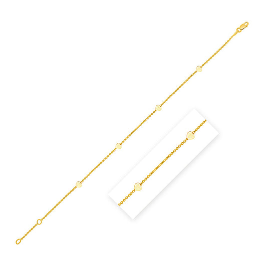 14k Gold Polished Station Heart Anklet (1.00 mm)