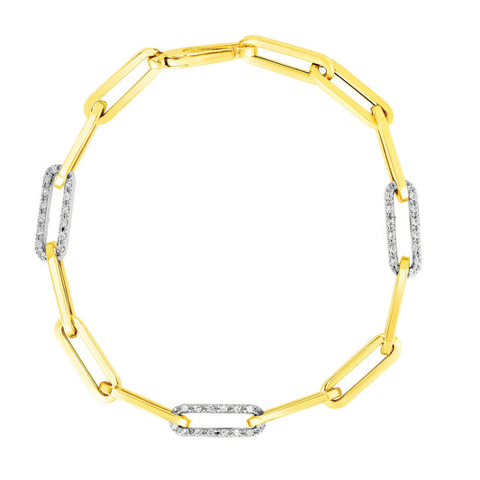 14k Gold 7 1/2-inch Paperclip Chain Bracelet w/Three Diamond Links (1 cttw)