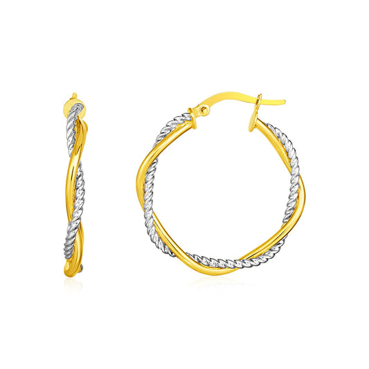 14k Yellow & White Gold Two Part Textured Twisted Round Hoop Earrings(3x23mm)