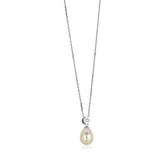 Sterling Silver Necklace w/Pear Shaped Pearl & Cubic Zirconia's