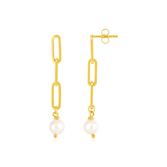 14k Gold Paperclip Chain Link Earrings w/Pearls