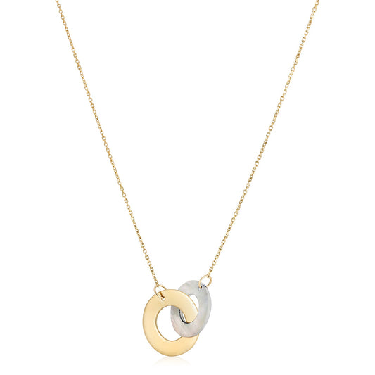 14k Gold High Polish Linked Mother of Pearl Circles Necklace