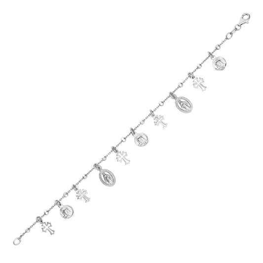 Sterling Silver 7 1/4-inch Bracelet w/Crosses & Religious Medal Charms