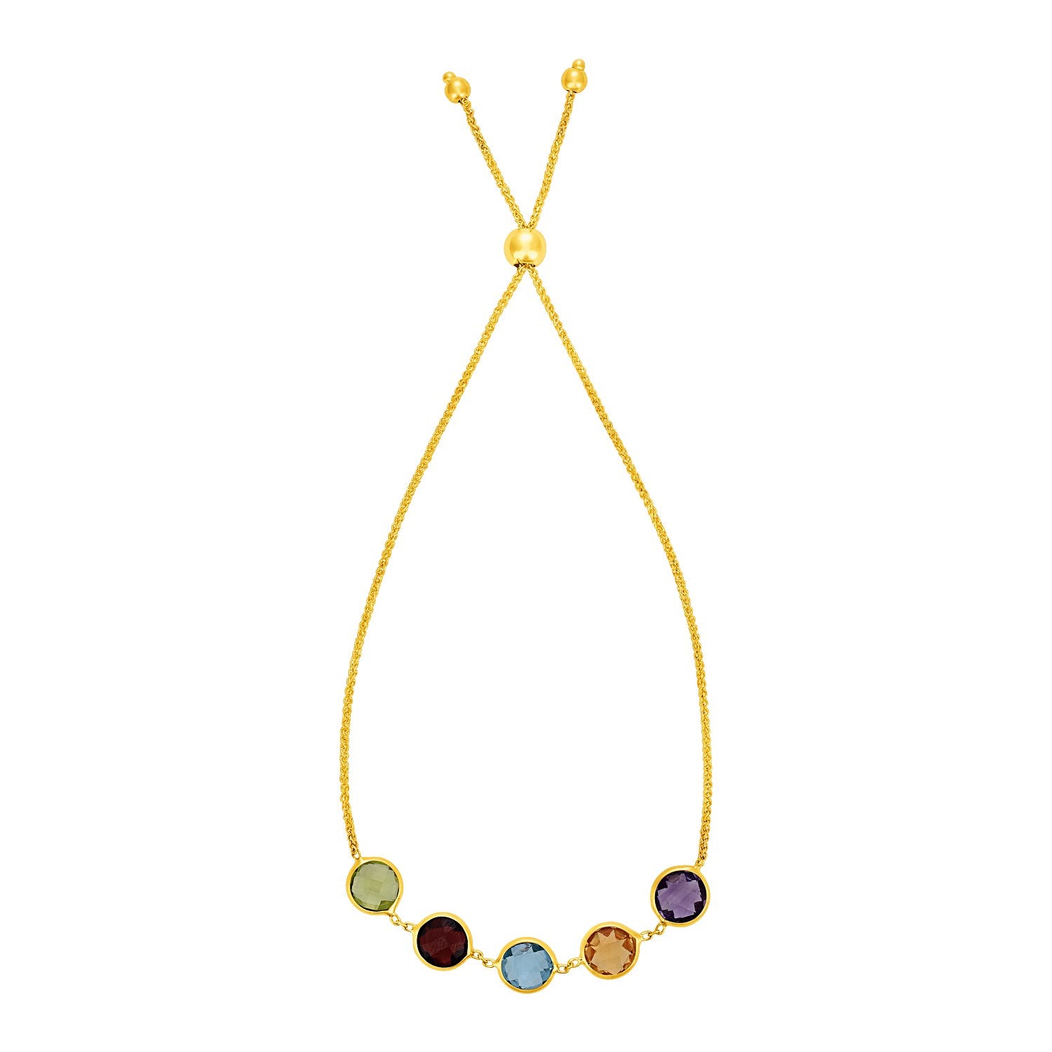 Adjustable Bracelet w/Multicolored Large Round Gemstones in 14k Gold (1.00 mm)