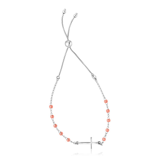 Sterling Silver White & Rose Finish Adjustable Bracelet w/Cross (1.20 mm)