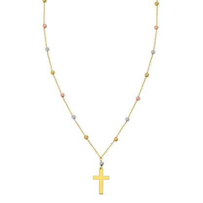 14K Tri Color Gold Beaded Cross Necklace