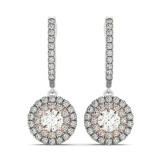 14k White & Rose Gold Drop Diamond Earrings w/Halo Design (3/4 cttw)