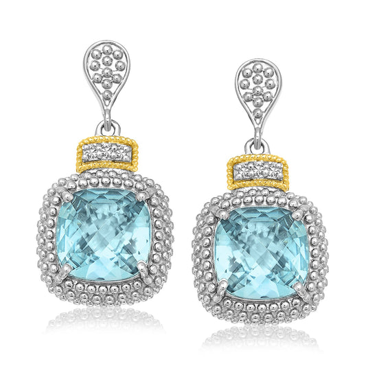 18k Gold & Sterling Silver Sky Blue Topaz & Diamond Earrings (.05cttw)