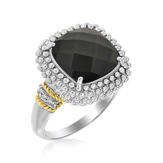 18k Gold & Sterling Silver Black Onyx & Diamond Popcorn Cushion Ring