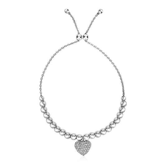 Adjustable Bead Bracelet w/Round Charm & Cubic Zirconias in Sterling Silver