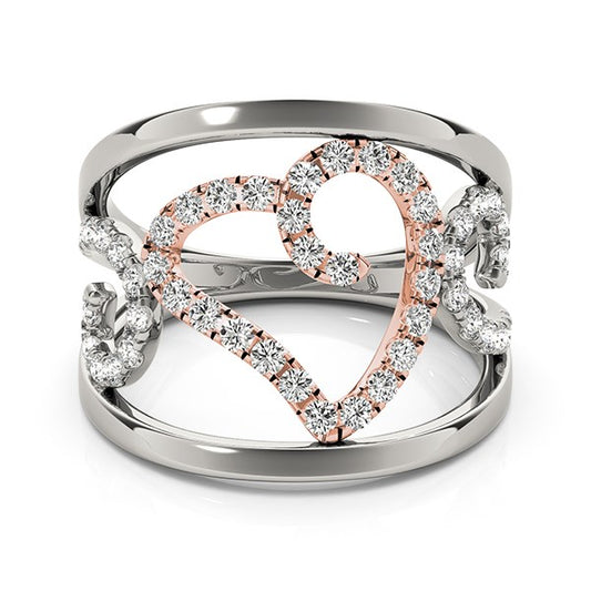 14K White & Rose Gold Heart Motif Filigree Style Diamond Ring 1/4 Cttw