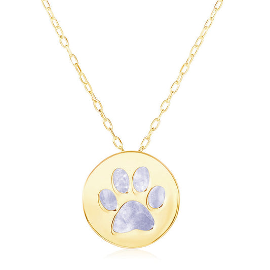 14k Gold Necklace w/Dog Paw Print Symbol in Mother of Pearl