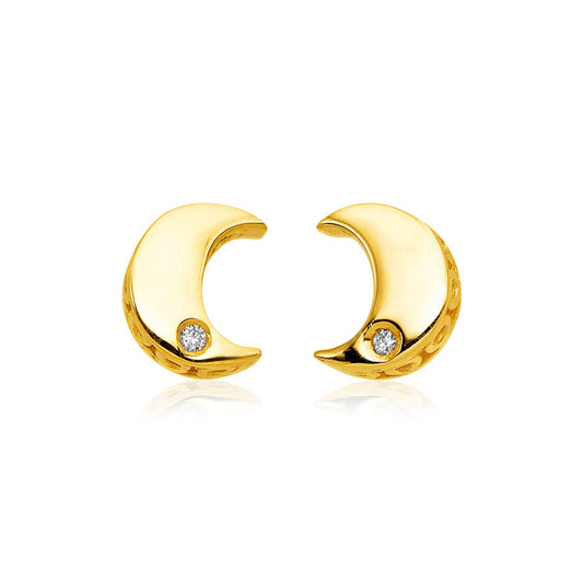 14k Gold Polished Moon Earrings w/Diamonds