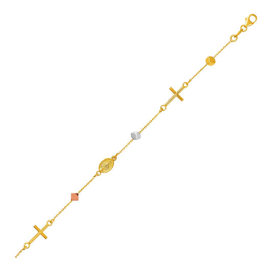 14k Tri Color Gold Bracelet w/Crosses Cubes & Medallions