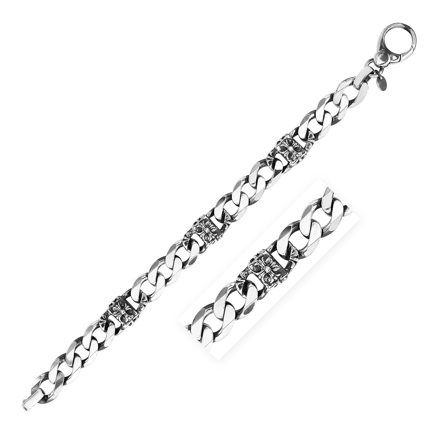Floral Design Cuban Link Bracelet in Sterling Silver w/Gunmetal Finish (11.50mm)