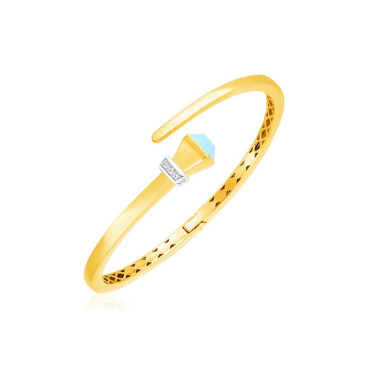 14k Gold Crossover Style Hinged Bangle w/Turquoise & Diamonds (3.40 mm)