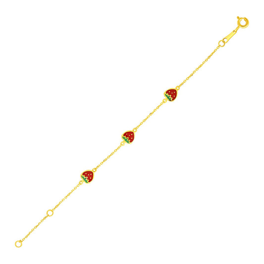 Gold Children's Bracelet w/Enameled Strawberries