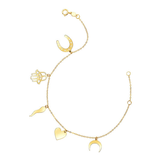 14k Gold Bracelet w/Polished Charms 7"