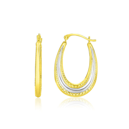 Two-Tone Gold Graduated Textured Oval Hoop Earrings