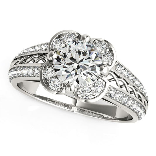 14k White Gold Round Diamond Floral Motif Engagement Ring (1 3/8 cttw)