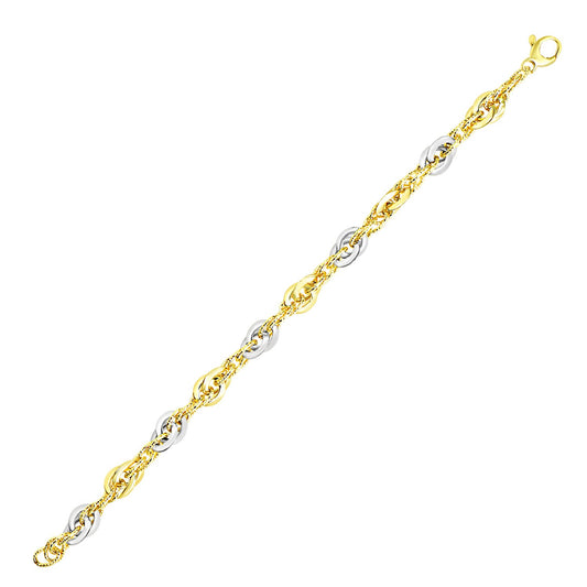 14k Two-Tone Gold Interlaced Smooth & Textured Link Bracelet (10.00 mm)